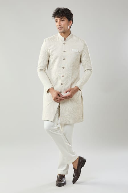 Shop_Arihant Rai Sinha_Gold Woven Jacquard Sherwani And Pollo Pant 
