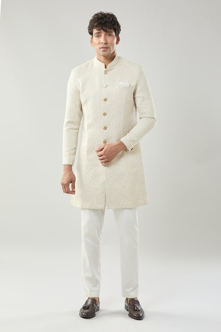 Arihant Rai Sinha_Gold Embroidery Woven Jacquard Sherwani Set _Online_at_Aza_Fashions