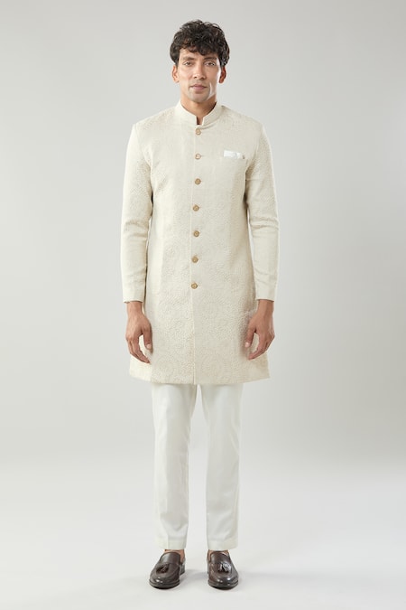 Buy_Arihant Rai Sinha_Gold Embroidery Woven Jacquard Sherwani Set _Online_at_Aza_Fashions