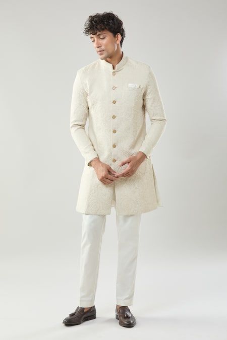 Shop_Arihant Rai Sinha_Gold Embroidery Woven Jacquard Sherwani Set 