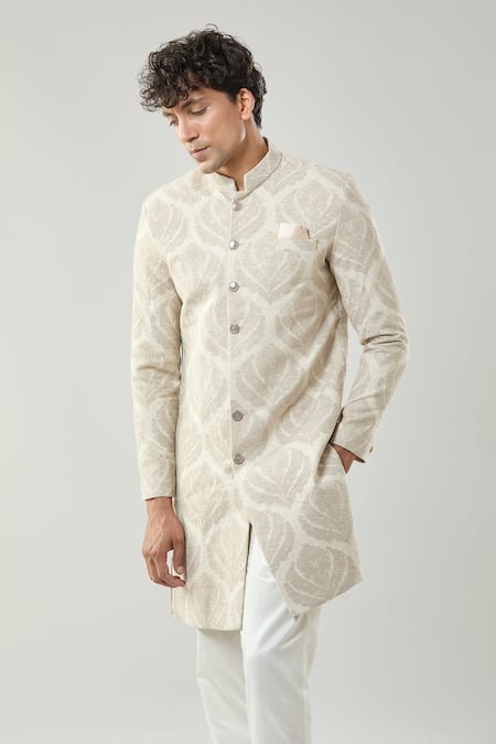 Arihant Rai Sinha_Beige Woven Jacquard Sherwani And White Pollo Pant _Online_at_Aza_Fashions