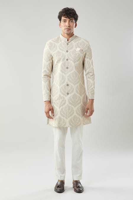 Buy_Arihant Rai Sinha_Beige Woven Jacquard Sherwani And White Pollo Pant _Online_at_Aza_Fashions