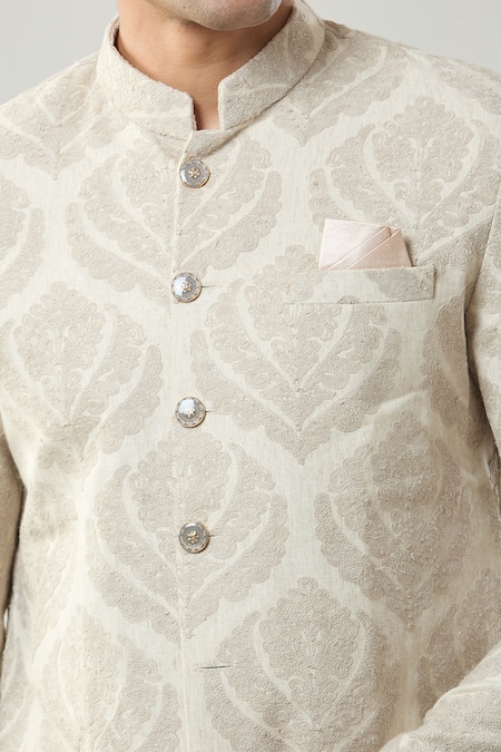 Shop_Arihant Rai Sinha_Beige Woven Jacquard Sherwani And White Pollo Pant _Online_at_Aza_Fashions