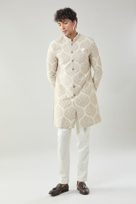 Arihant Rai Sinha_Beige Woven Jacquard Sherwani And White Pollo Pant _at_Aza_Fashions