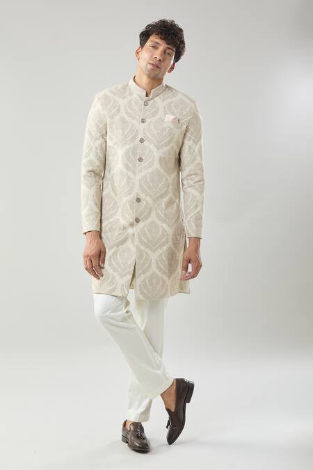 Buy_Arihant Rai Sinha_Beige Woven Jacquard Sherwani And White Pollo Pant 