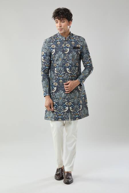 Arihant Rai Sinha_Blue Linen, Polyester, Viscose Floral Print Sherwani And White Pollo Pant _Online_at_Aza_Fashions