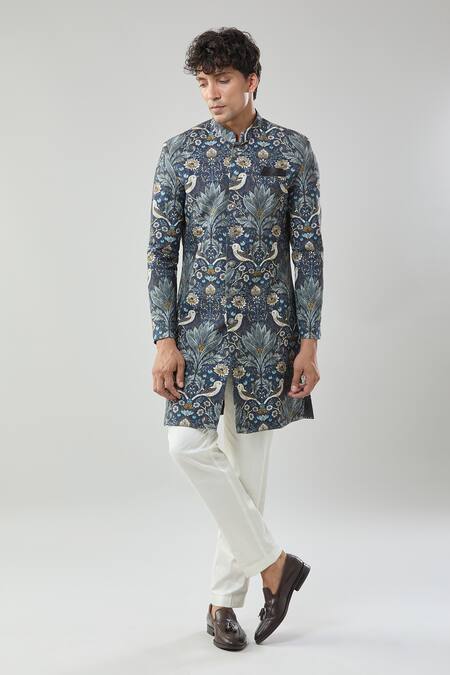Buy_Arihant Rai Sinha_Blue Linen, Polyester, Viscose Floral Print Sherwani And White Pollo Pant _Online_at_Aza_Fashions