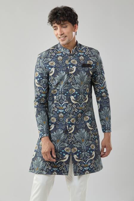 Shop_Arihant Rai Sinha_Blue Linen, Polyester, Viscose Floral Print Sherwani And White Pollo Pant _Online_at_Aza_Fashions