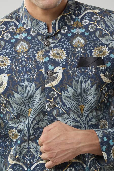 Arihant Rai Sinha_Blue Linen, Polyester, Viscose Floral Print Sherwani And White Pollo Pant _at_Aza_Fashions