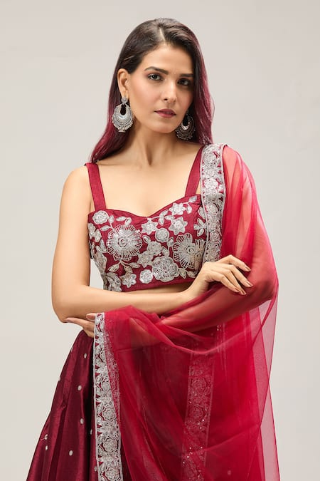 Samyukta Singhania_Maroon Embroidery, Sequins Sweetheart Neck Lehenga Set _Online_at_Aza_Fashions