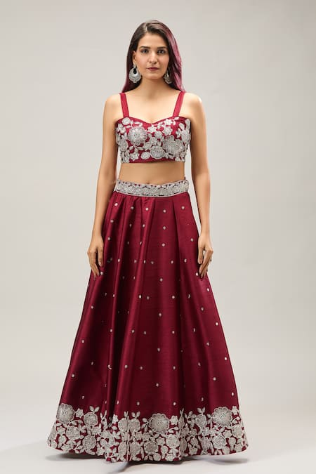 Buy_Samyukta Singhania_Maroon Embroidery, Sequins Sweetheart Neck Lehenga Set _Online_at_Aza_Fashions