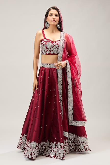 Shop_Samyukta Singhania_Maroon Embroidery, Sequins Sweetheart Neck Lehenga Set _Online_at_Aza_Fashions
