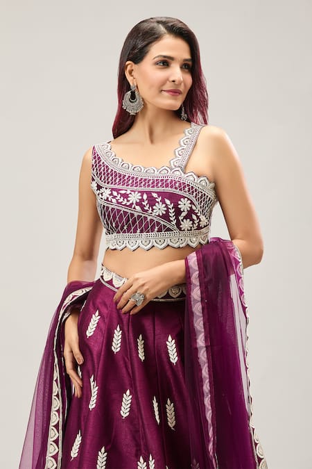 Buy_Samyukta Singhania_Magenta Silk, Net Embroidery Asymmetric Fusion Lehenga Set _Online_at_Aza_Fashions