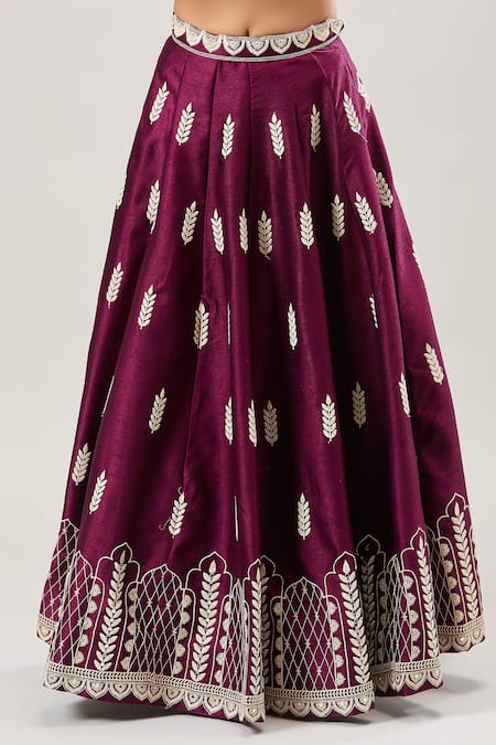 Shop_Samyukta Singhania_Magenta Silk, Net Embroidery Asymmetric Fusion Lehenga Set _Online_at_Aza_Fashions