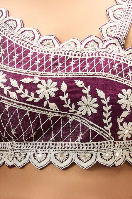 Buy_Samyukta Singhania_Magenta Silk, Net Embroidery Asymmetric Fusion Lehenga Set 