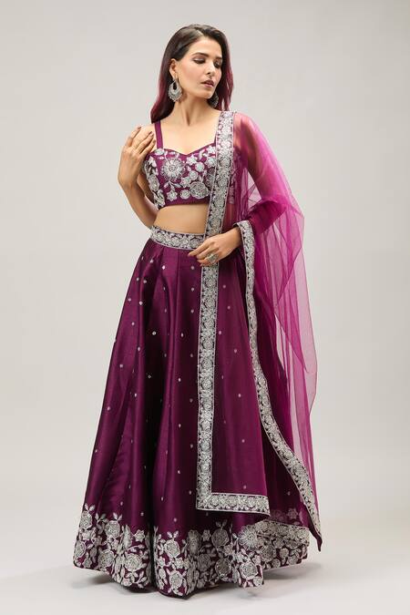 Samyukta Singhania_Magenta Net Sequins, Embroidery Lehenga Set _Online_at_Aza_Fashions
