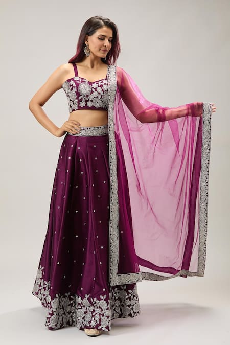 Buy_Samyukta Singhania_Magenta Net Sequins, Embroidery Lehenga Set _Online_at_Aza_Fashions