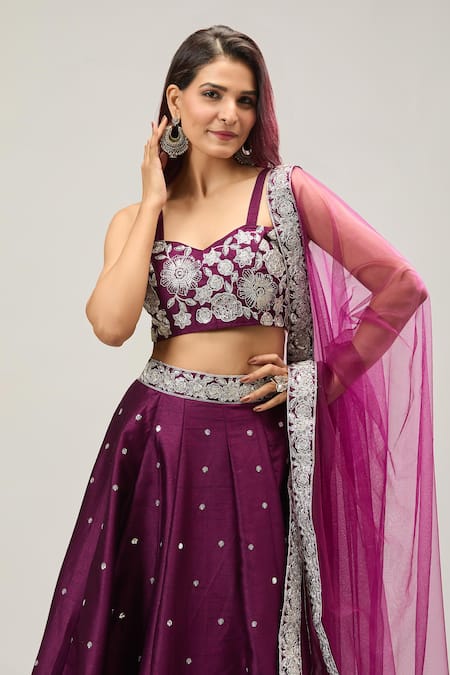 Shop_Samyukta Singhania_Magenta Net Sequins, Embroidery Lehenga Set _Online_at_Aza_Fashions