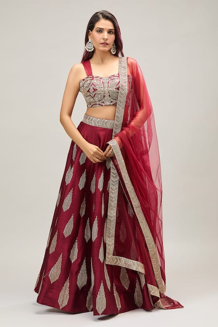 Buy_Samyukta Singhania_Maroon Net Embroidery Lehenga Set _Online_at_Aza_Fashions