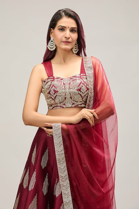 Shop_Samyukta Singhania_Maroon Net Embroidery Lehenga Set _Online_at_Aza_Fashions