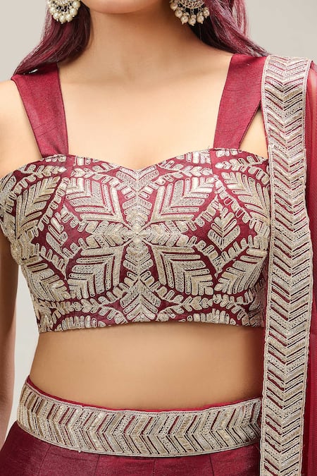 Buy_Samyukta Singhania_Maroon Net Embroidery Lehenga Set 