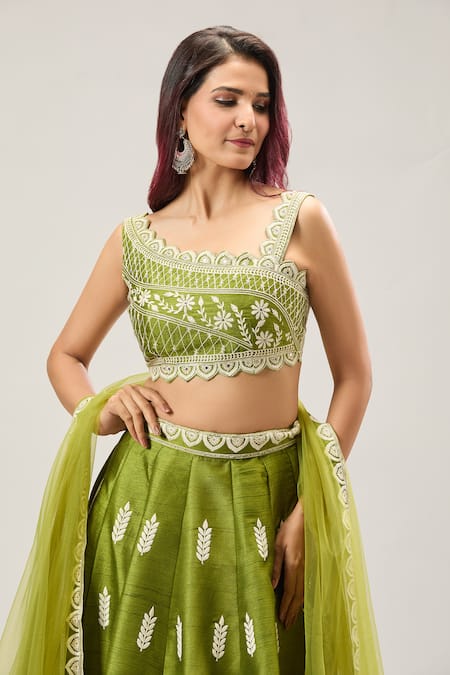 Buy_Samyukta Singhania_Green Silk, Net Embroidery Asymmetric Contrast Lehenga Set _Online_at_Aza_Fashions