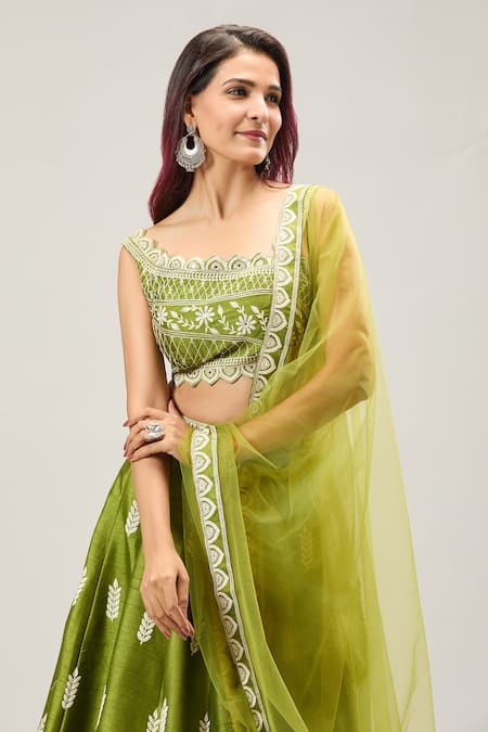 Shop_Samyukta Singhania_Green Silk, Net Embroidery Asymmetric Contrast Lehenga Set _Online_at_Aza_Fashions