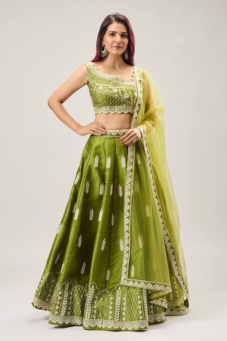 Shop_Samyukta Singhania_Green Silk, Net Embroidery Asymmetric Contrast Lehenga Set 