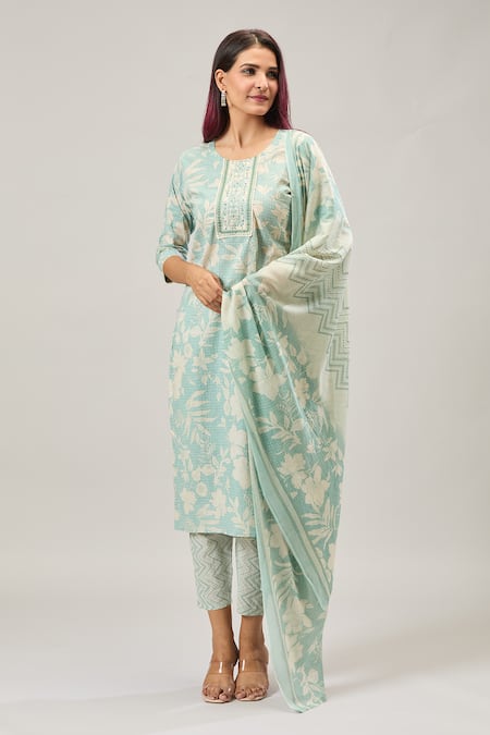 Naintara Bajaj_Green Cotton Embroidery Round Neck Printed Kurta Set _Online_at_Aza_Fashions