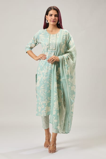 Buy_Naintara Bajaj_Green Cotton Embroidery Round Neck Printed Kurta Set _Online_at_Aza_Fashions