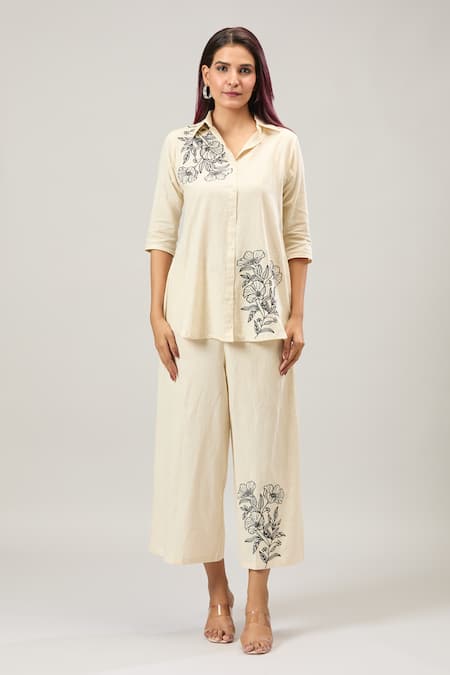 Buy_Naintara Bajaj_Off White Cotton Embroidery Collared Shirt And Pant Set _Online_at_Aza_Fashions