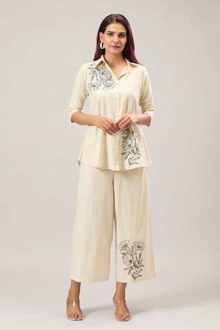 Shop_Naintara Bajaj_Off White Cotton Embroidery Collared Shirt And Pant Set _Online_at_Aza_Fashions