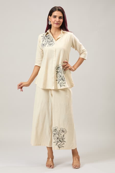 Naintara Bajaj_Off White Cotton Embroidery Collared Shirt And Pant Set _at_Aza_Fashions