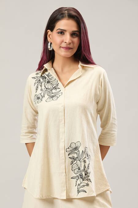 Shop_Naintara Bajaj_Off White Cotton Embroidery Collared Shirt And Pant Set 