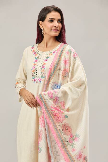 Shop_Samyukta Singhania_White Cotton Embroidery Round Neck Kurta Set_Online_at_Aza_Fashions