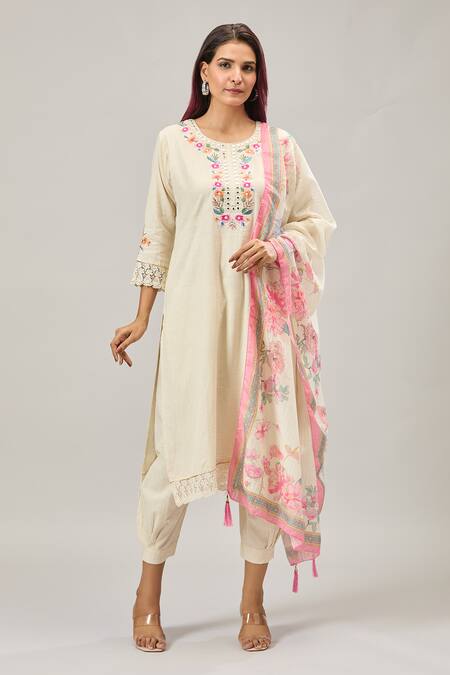 Buy_Samyukta Singhania_White Cotton Embroidery Round Neck Kurta Set