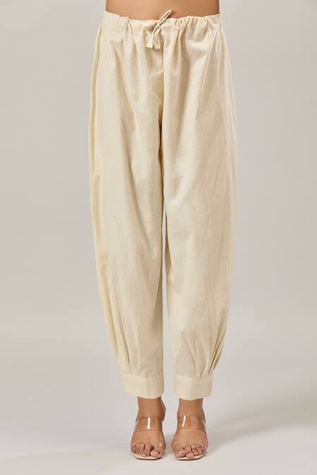 Naintara Bajaj Off White Cotton Embroidery Round Neck Peplum Top And Balloon Pant Set Online at Aza Fashions Naintara Bajaj_Off White Cotton Embroidery Round Neck Peplum Top And Balloon Pant Set _Online_at_Aza_Fashions