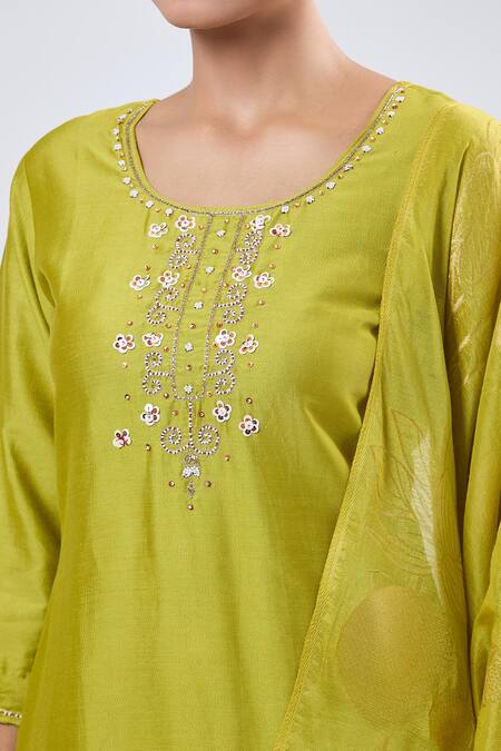 Buy_Samyukta Singhania_Yellow Embroidery Round Neck Gaji Silk Kurta Set