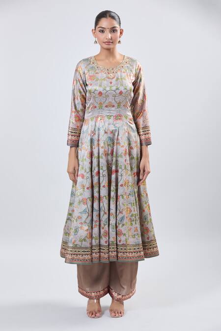 Samyukta Singhania_Gray Silk Embroidery, Foil Printing Round Neck Floral Anarkali Kurta Set_Online_at_Aza_Fashions