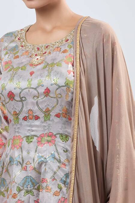 Buy_Samyukta Singhania_Gray Silk Embroidery, Foil Printing Round Neck Floral Anarkali Kurta Set_Online_at_Aza_Fashions