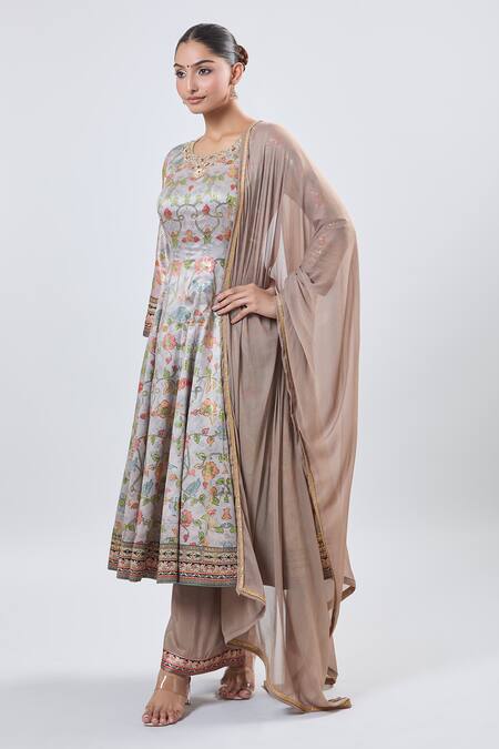 Shop_Samyukta Singhania_Gray Silk Embroidery, Foil Printing Round Neck Floral Anarkali Kurta Set_Online_at_Aza_Fashions