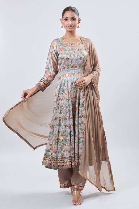 Samyukta Singhania_Gray Silk Embroidery, Foil Printing Round Neck Floral Anarkali Kurta Set_at_Aza_Fashions
