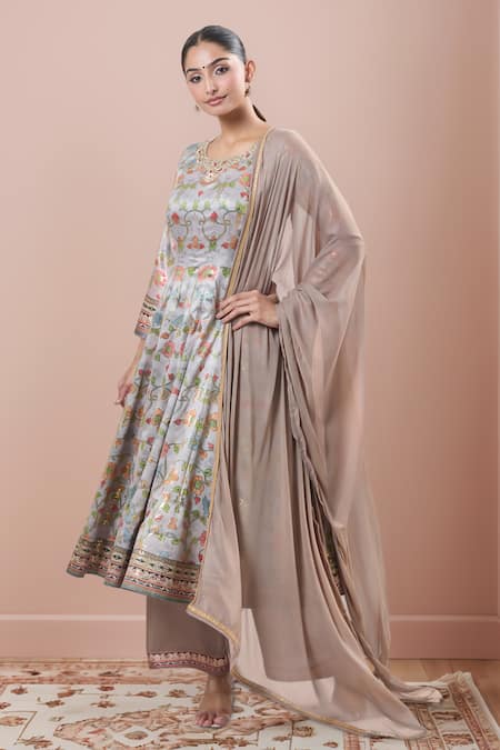 Samyukta Singhania Gray Floral Foil Anarkali Kurta Set 