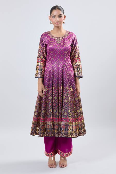Buy_Samyukta Singhania_Purple Embroidery Round Neck Foil Digital Printed Anarkali Kurta Set_Online_at_Aza_Fashions