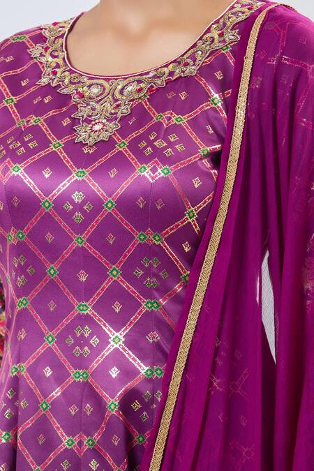 Shop_Samyukta Singhania_Purple Embroidery Round Neck Foil Digital Printed Anarkali Kurta Set_Online_at_Aza_Fashions