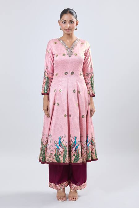 Buy_Samyukta Singhania_Pink Embroidery Split V-neck Foil Digital Anarkali Kurta Set_Online_at_Aza_Fashions