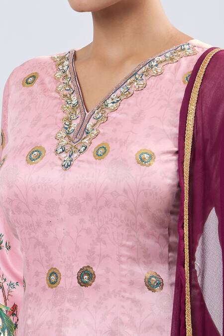Shop_Samyukta Singhania_Pink Embroidery Split V-neck Foil Digital Anarkali Kurta Set_Online_at_Aza_Fashions