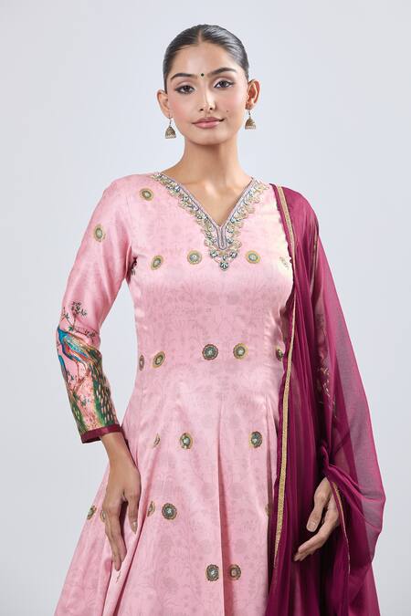 Samyukta Singhania_Pink Embroidery Split V-neck Foil Digital Anarkali Kurta Set_at_Aza_Fashions