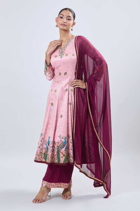 Shop_Samyukta Singhania_Pink Embroidery Split V-neck Foil Digital Anarkali Kurta Set