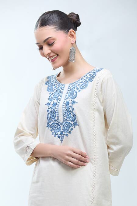 Buy_Naintara Bajaj_Off White Cotton Embroidery Round Neck Kurta Set _Online_at_Aza_Fashions